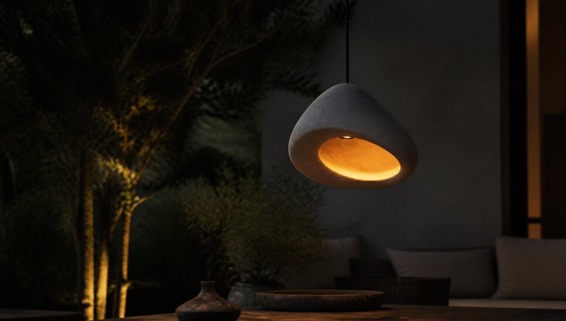 Sculpturale buitenhanglamp die 's nachts oplicht